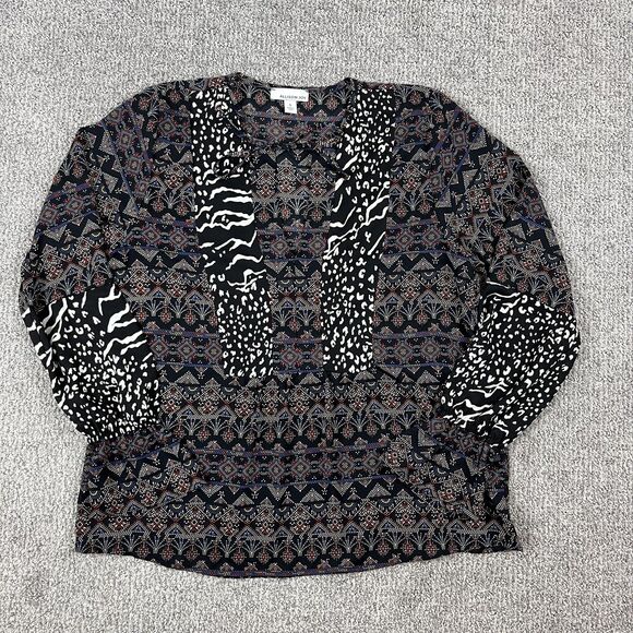 Allison Joy Blouse Womens Small Black White Boho Geometric Mixed Print Top USA - Picture 1 of 9